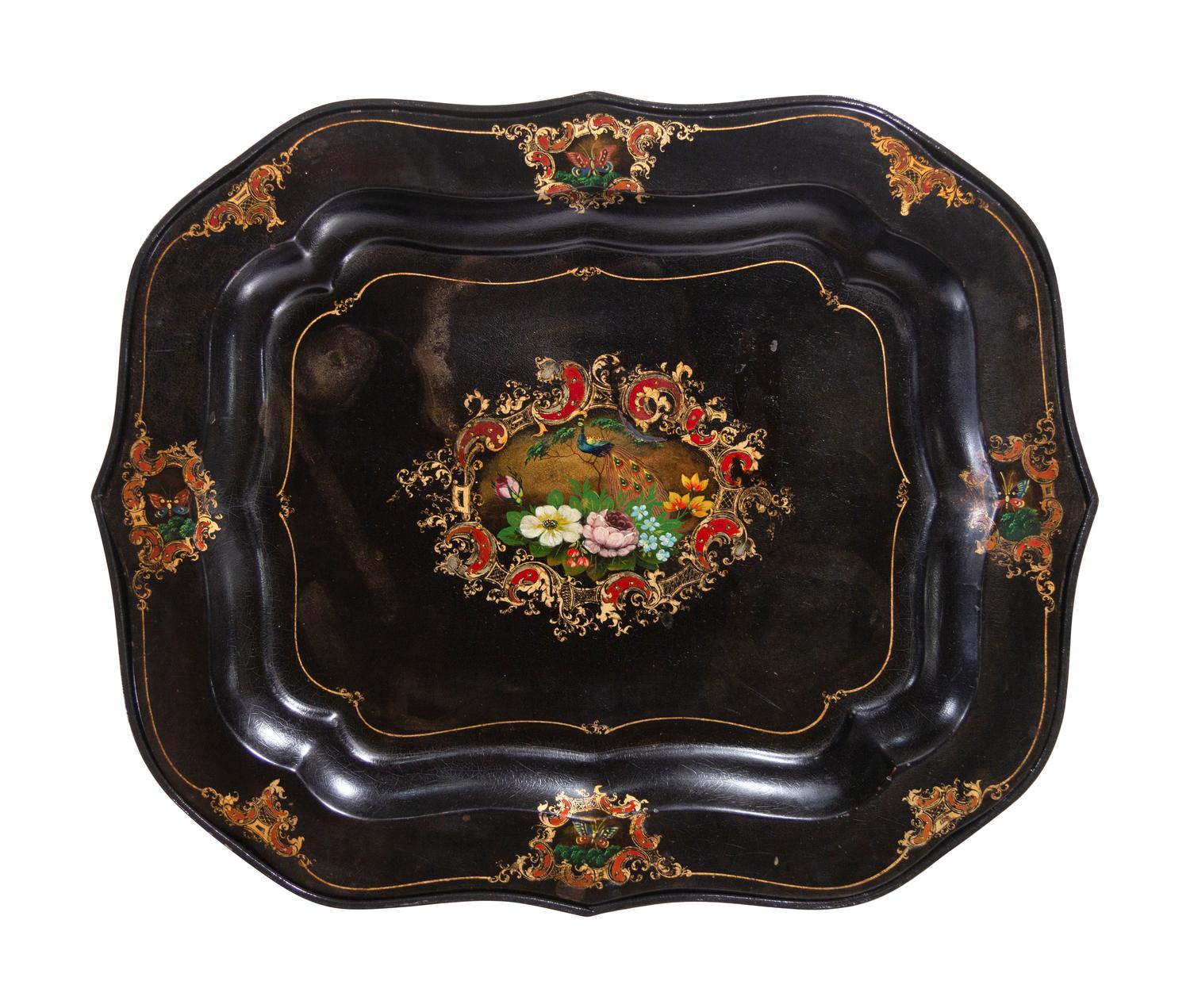 A Pair of English Tôle Trays on Later Stands