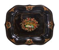 A Pair of English Tôle Trays on Later Stands