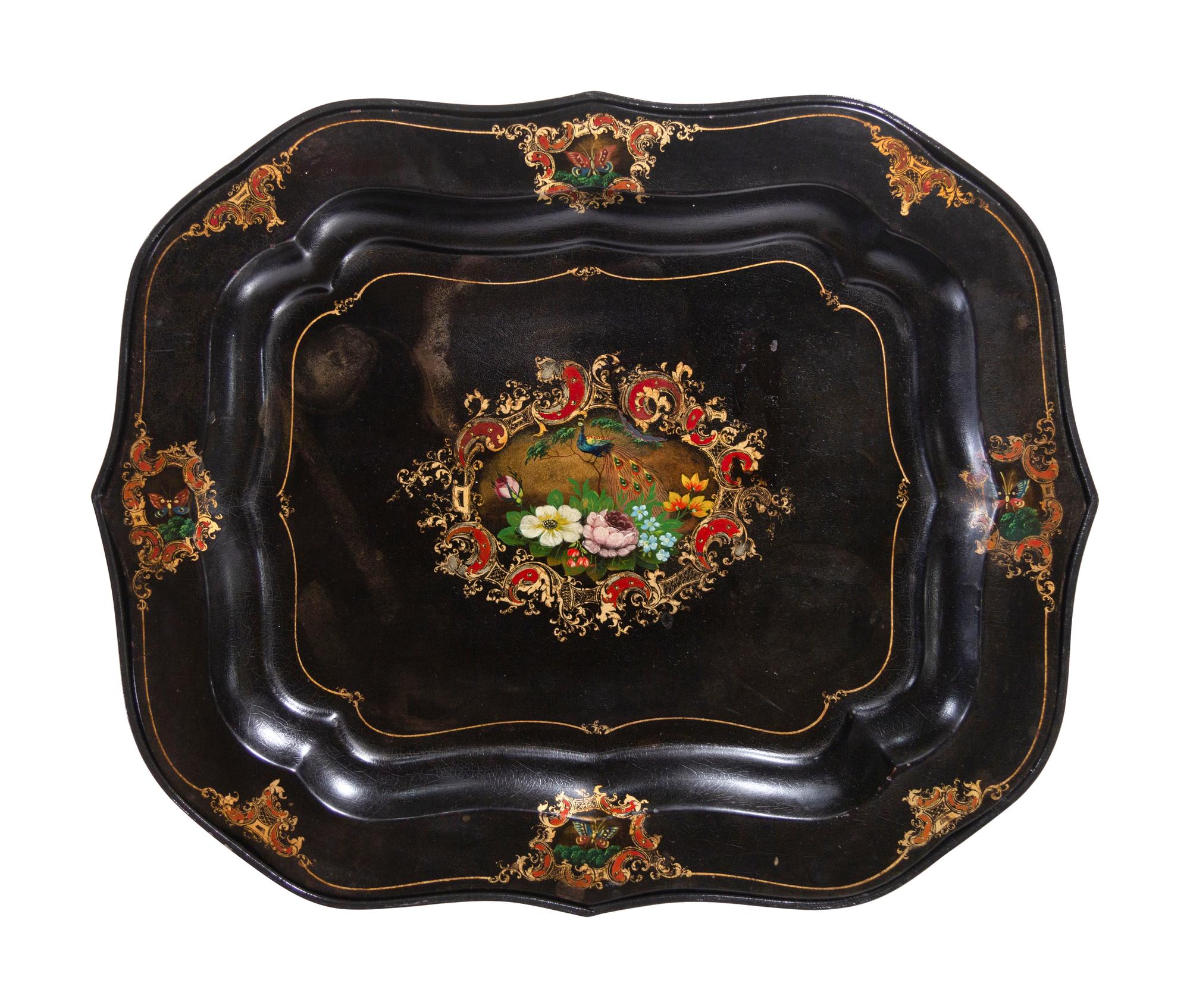 A Pair of English Tôle Trays on Later Stands