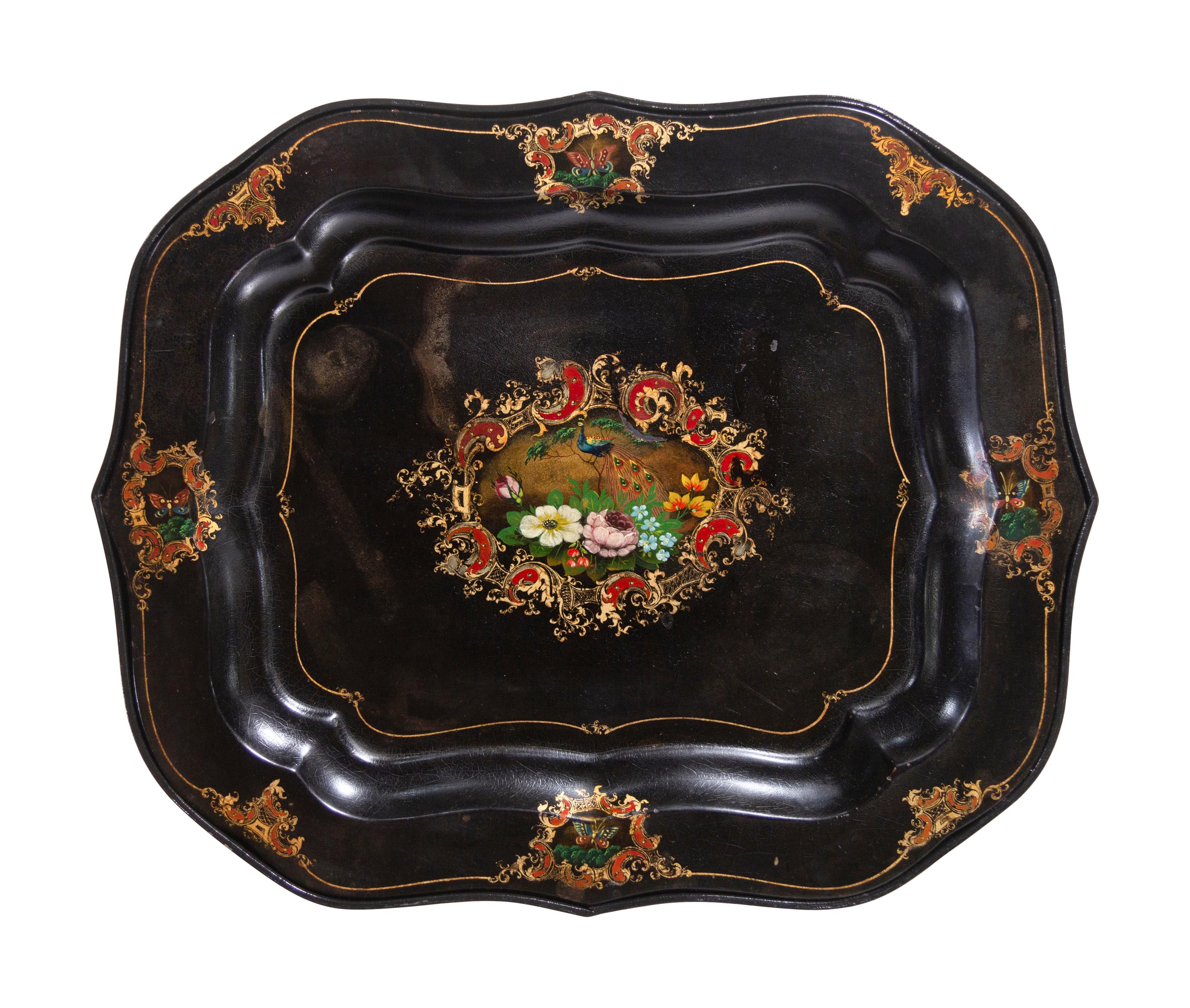 A Pair of English Tôle Trays on Later Stands
