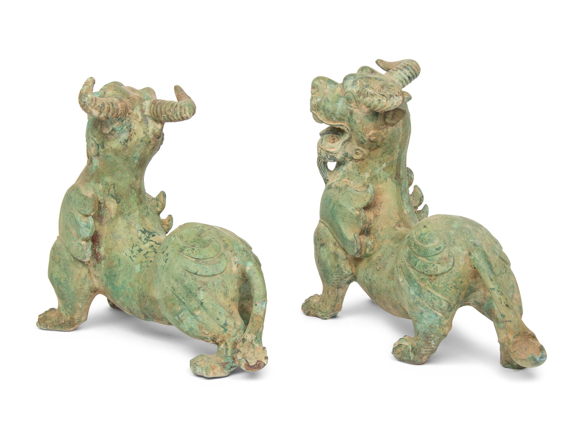 A Pair of Chinese Six Dynasties Style Bronze Figures Chimera