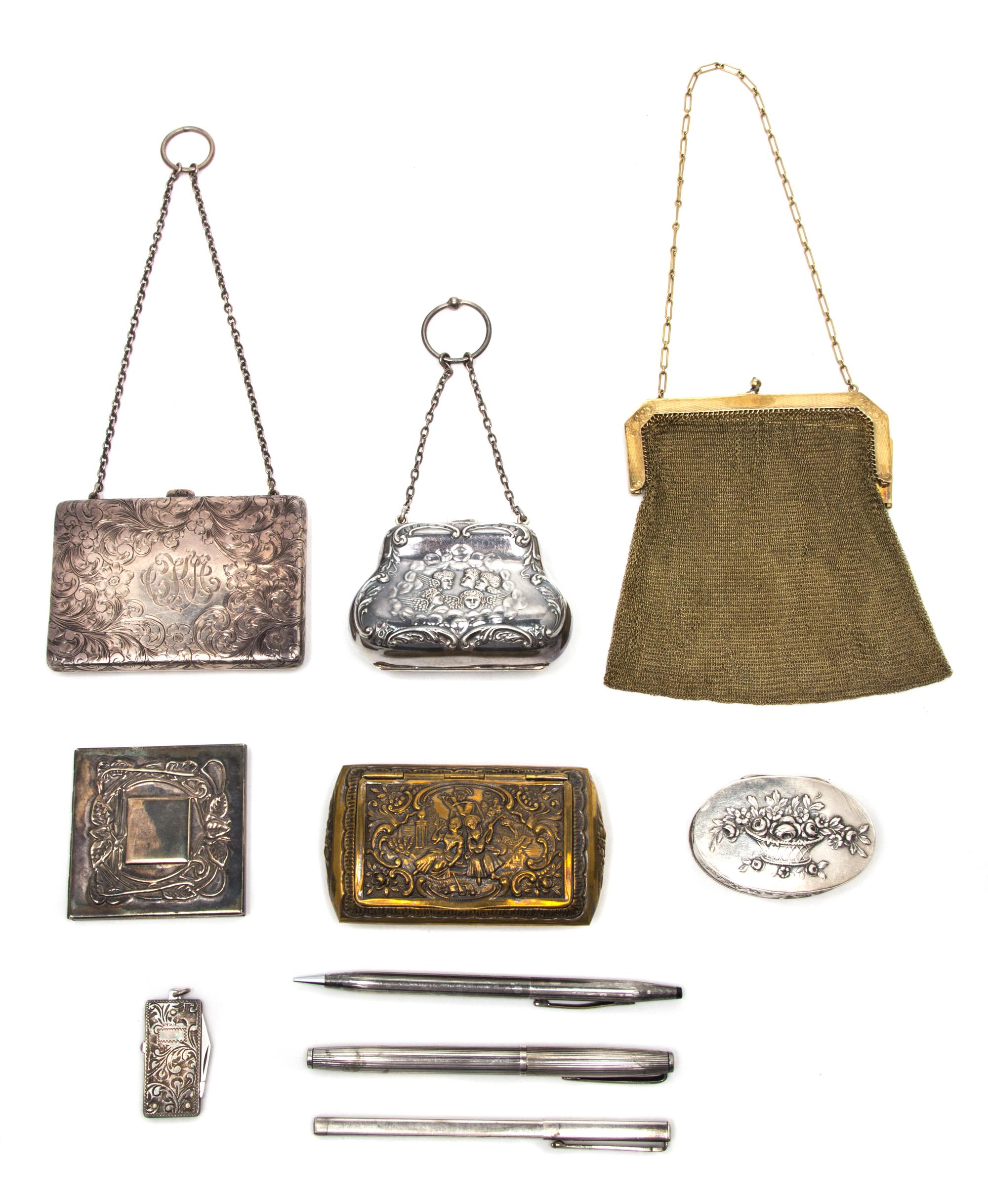 An Assembled Group of Silver, Plate and Brass Articles, , comprising: 1 Birmingham silver purse 1 sterling card case 1 .800 silver oval