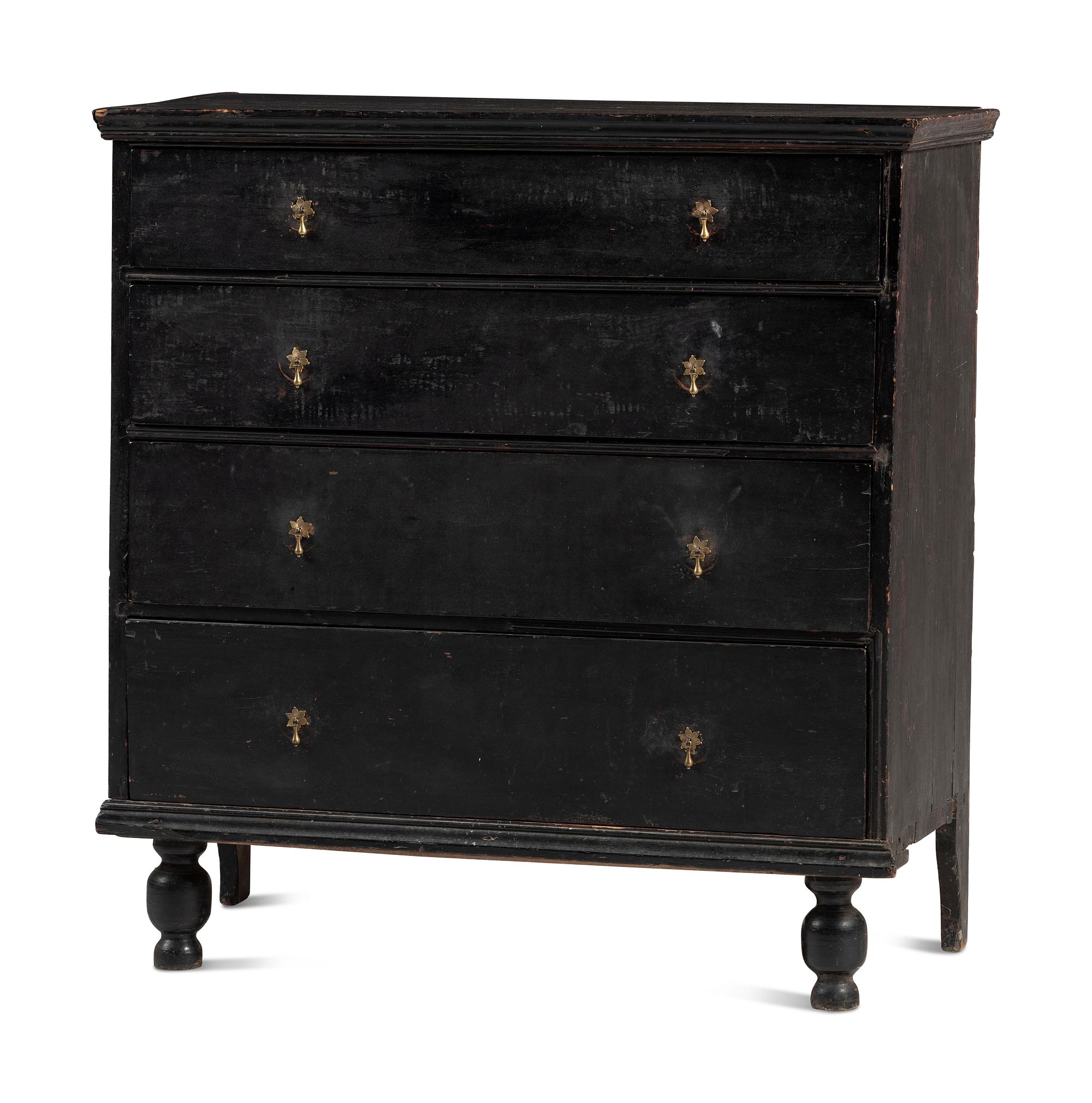 A William and Mary Black Painted Maple and Pine Chest of Drawers