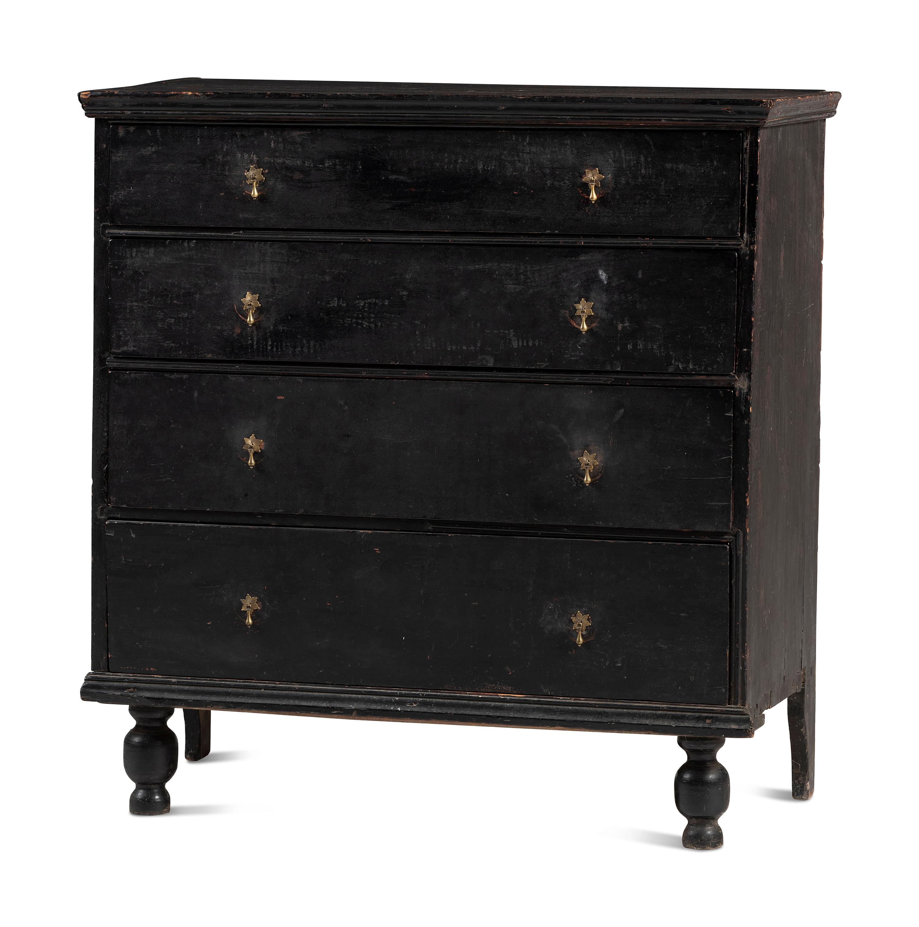 A William and Mary Black Painted Maple and Pine Chest of Drawers