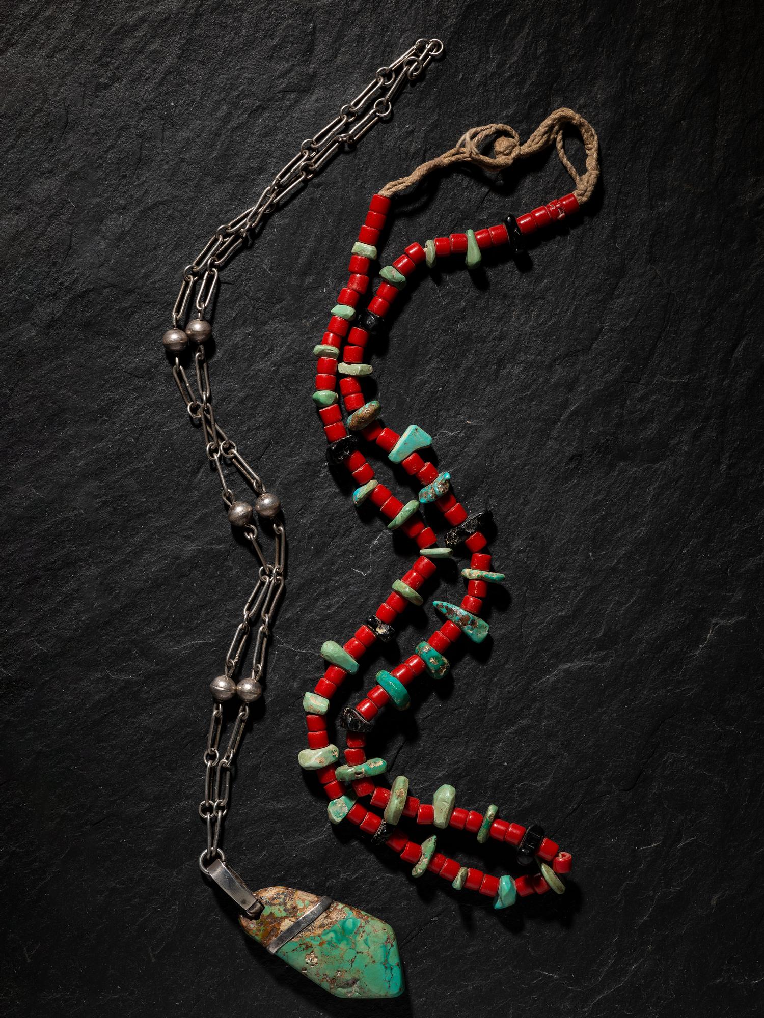 Pueblo Single-strand Necklace with Red Glass Beads, Turquoise, and Jet PLUS Navajo Silver and Turquoise Necklace