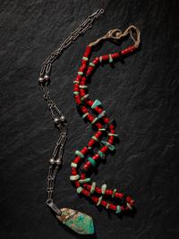Pueblo Single-strand Necklace with Red Glass Beads, Turquoise, and Jet PLUS Navajo Silver and Turquoise Necklace
