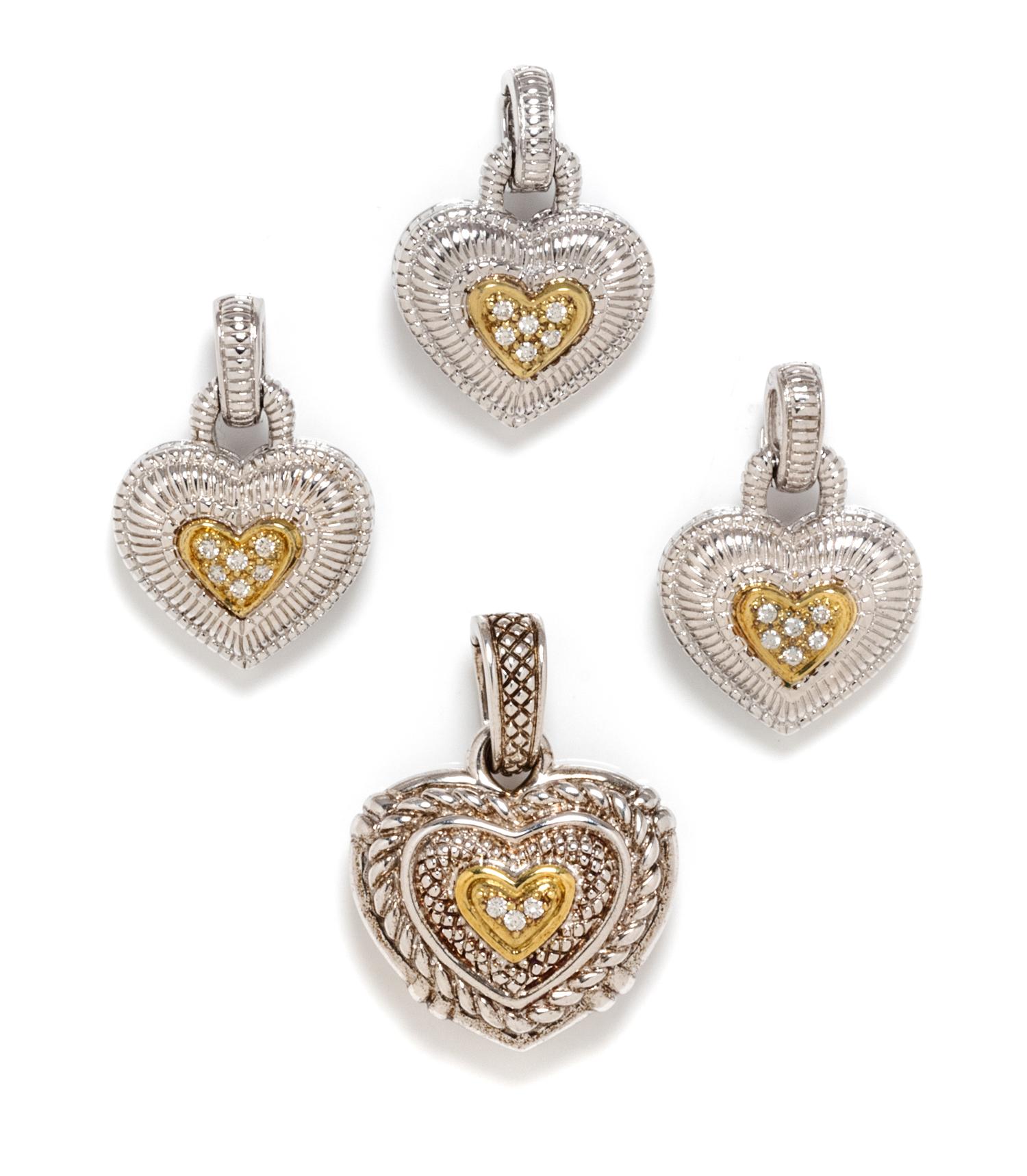A Collection of Sterling Silver, 18 Karat Yellow Gold and Diamond Heart Pendants, Judith Ripka, 27.60 dwts.