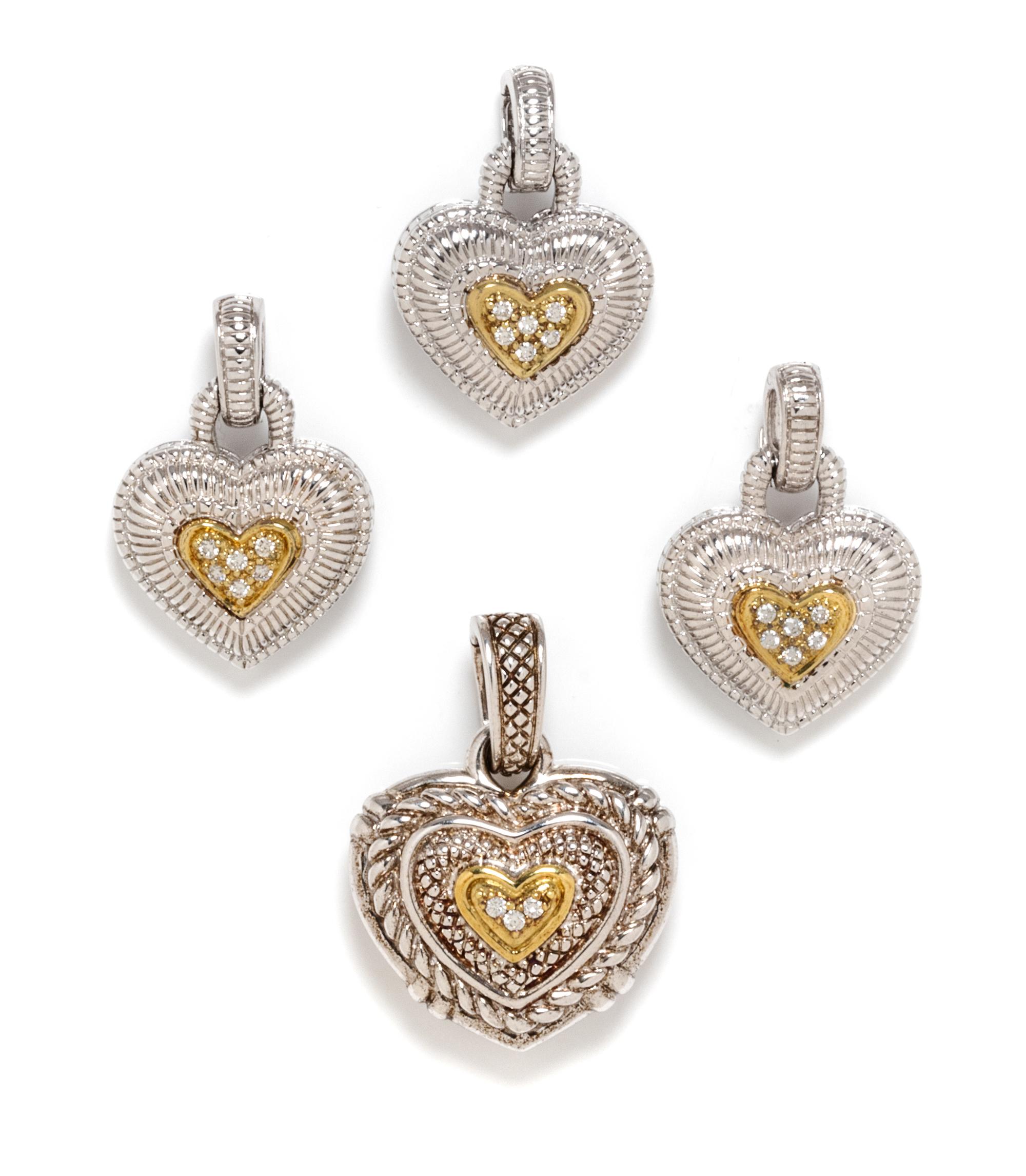 A Collection of Sterling Silver, 18 Karat Yellow Gold and Diamond Heart Pendants, Judith Ripka, 27.60 dwts.