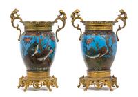 A Pair of French Gilt Bronze Mounted Cloisonne Vases Height 12 inches.