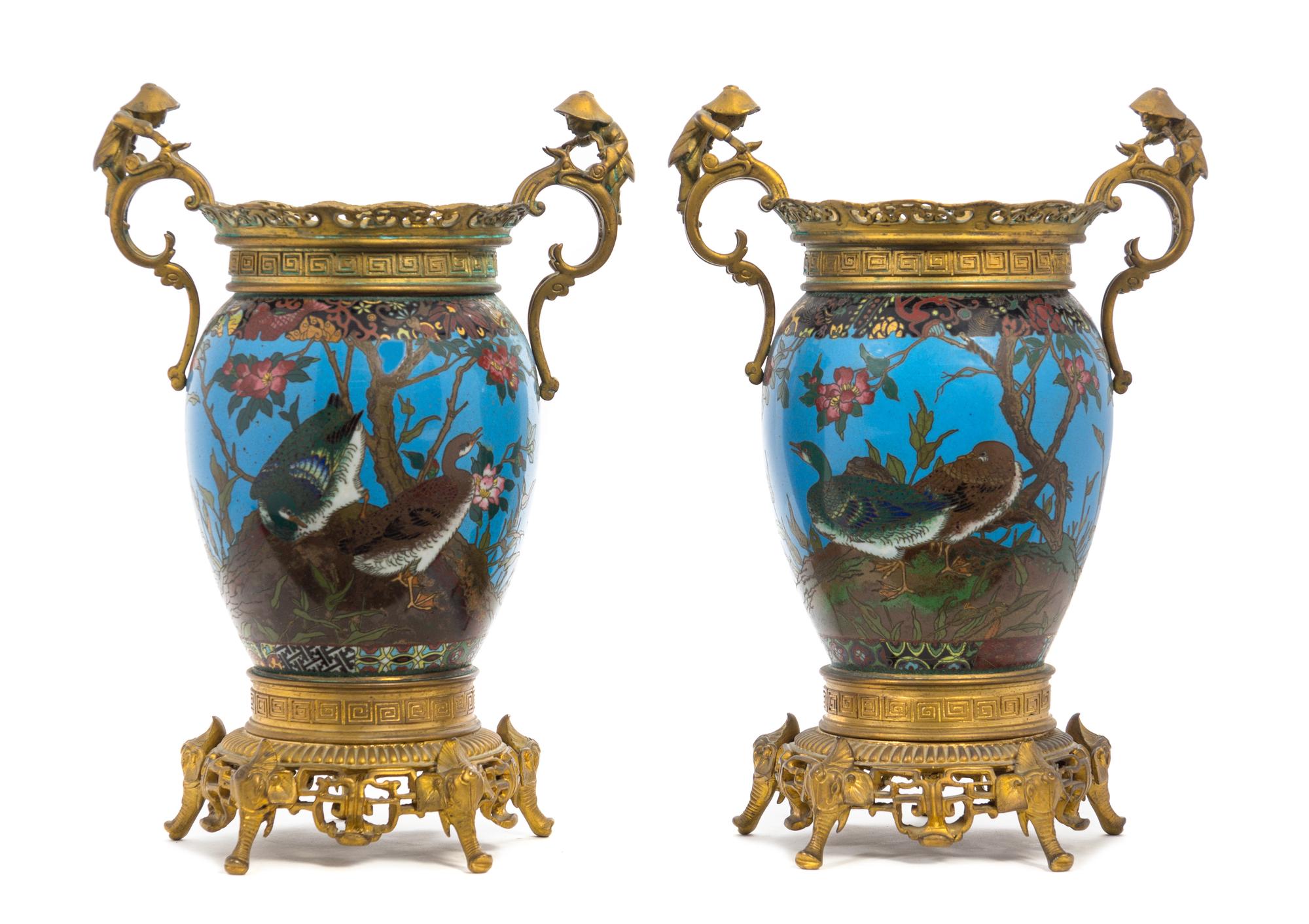 A Pair of French Gilt Bronze Mounted Cloisonne Vases Height 12 inches.