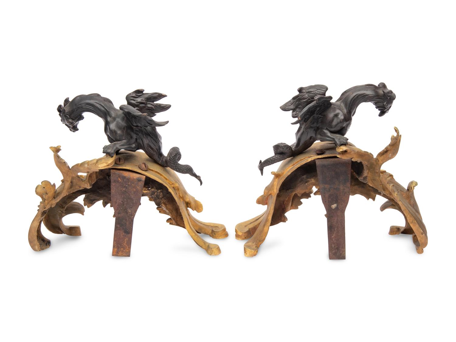 A Pair of French Gilt and Patinated Bronze Chenets