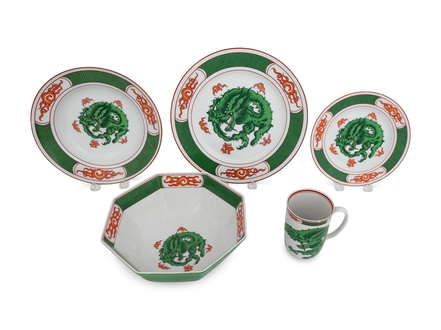 A Partial Fitz and Floyd Service in the Dragon Crest Green Pattern