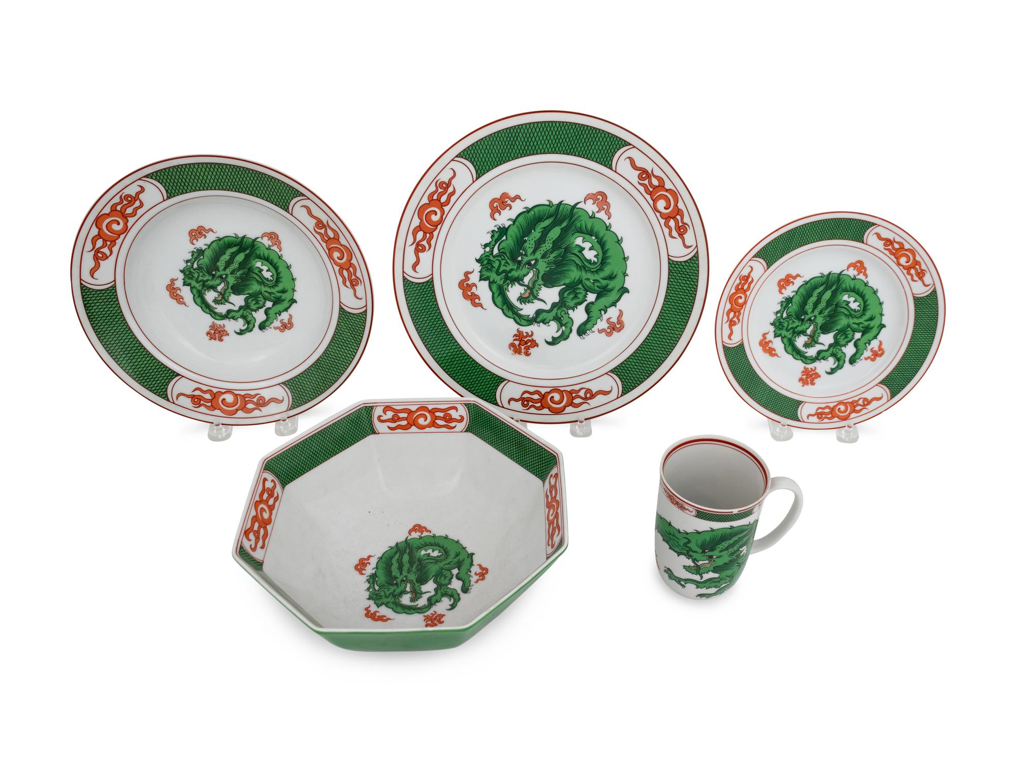A Partial Fitz and Floyd Service in the Dragon Crest Green Pattern