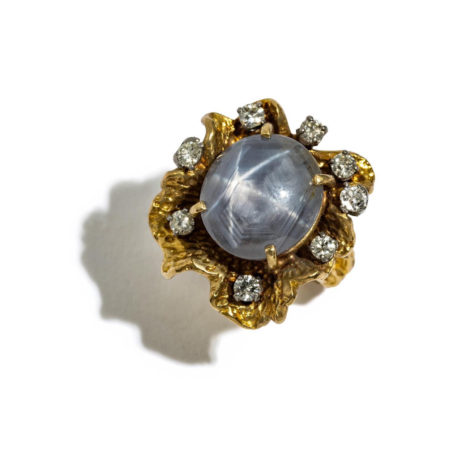 YELLOW GOLD, STAR SAPPHIRE, AND DIAMOND RING