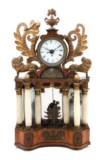 An Austrian Alabaster, Giltwood and Burlwood Mantel Clock Height 28 1/2 inches.