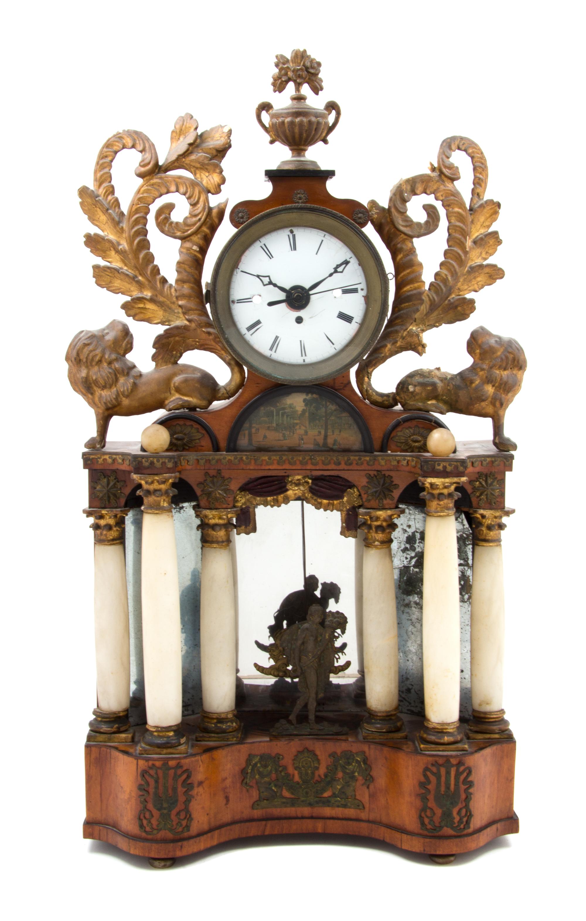 An Austrian Alabaster, Giltwood and Burlwood Mantel Clock Height 28 1/2 inches.