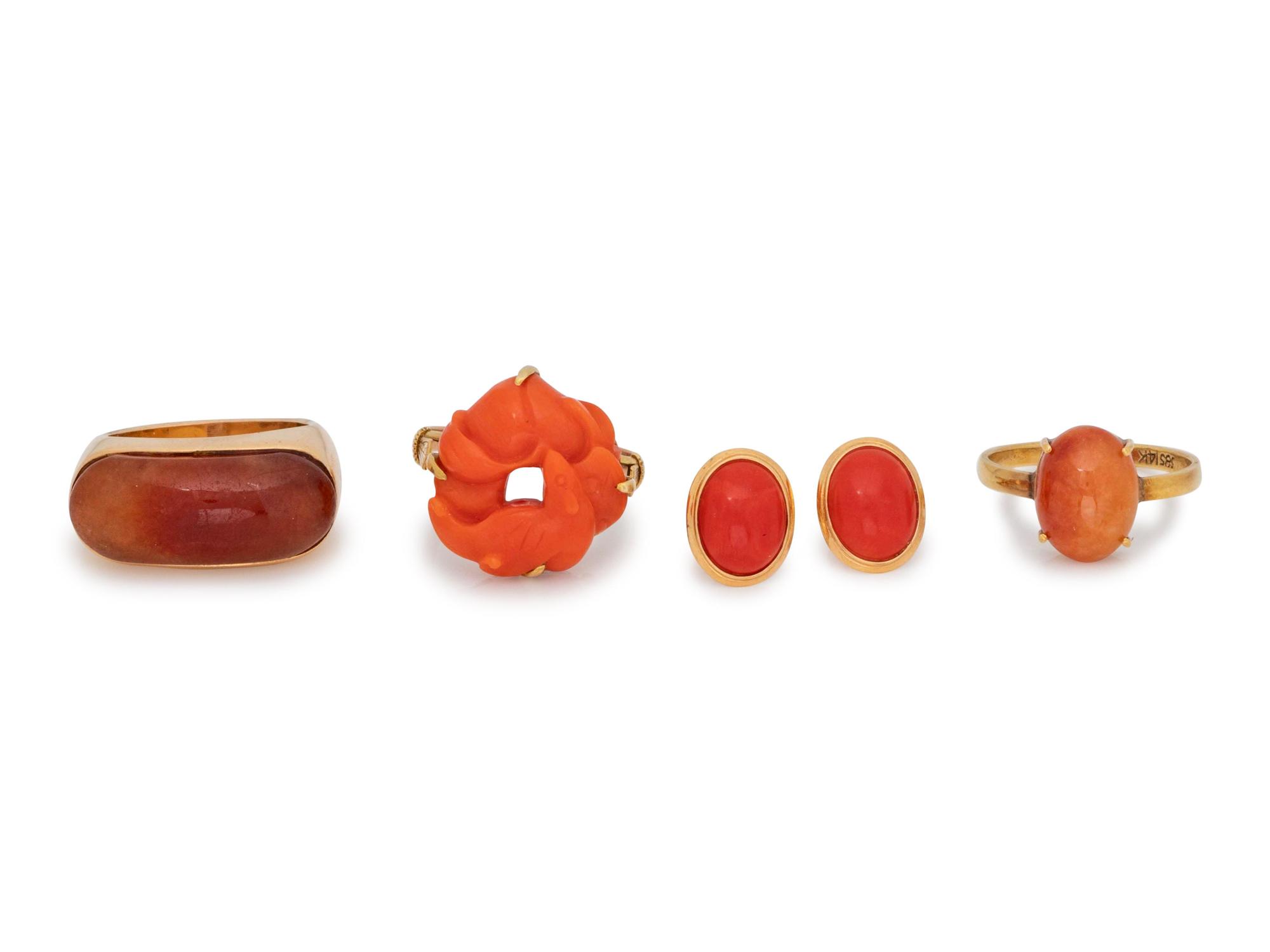 A Collection of Yellow Gold and Coral Jewelry,
