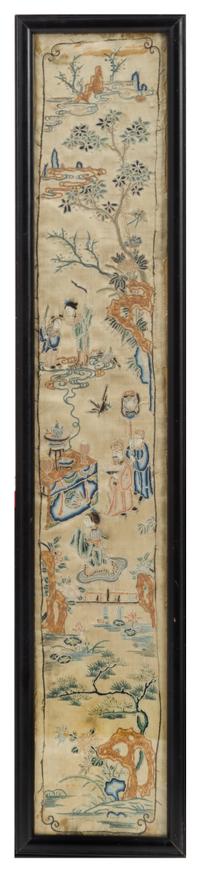 A Pair of Embroidered Silk Panels Height of each overall 21 3/4 x width 4 3/8 inches.