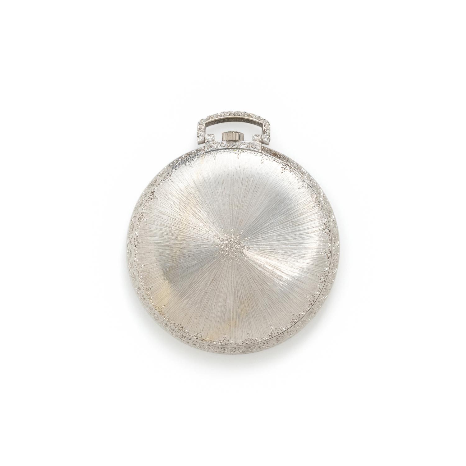 BUCCELLATI, 18K WHITE GOLD OPEN FACE POCKET WATCH AND FOB CHAIN