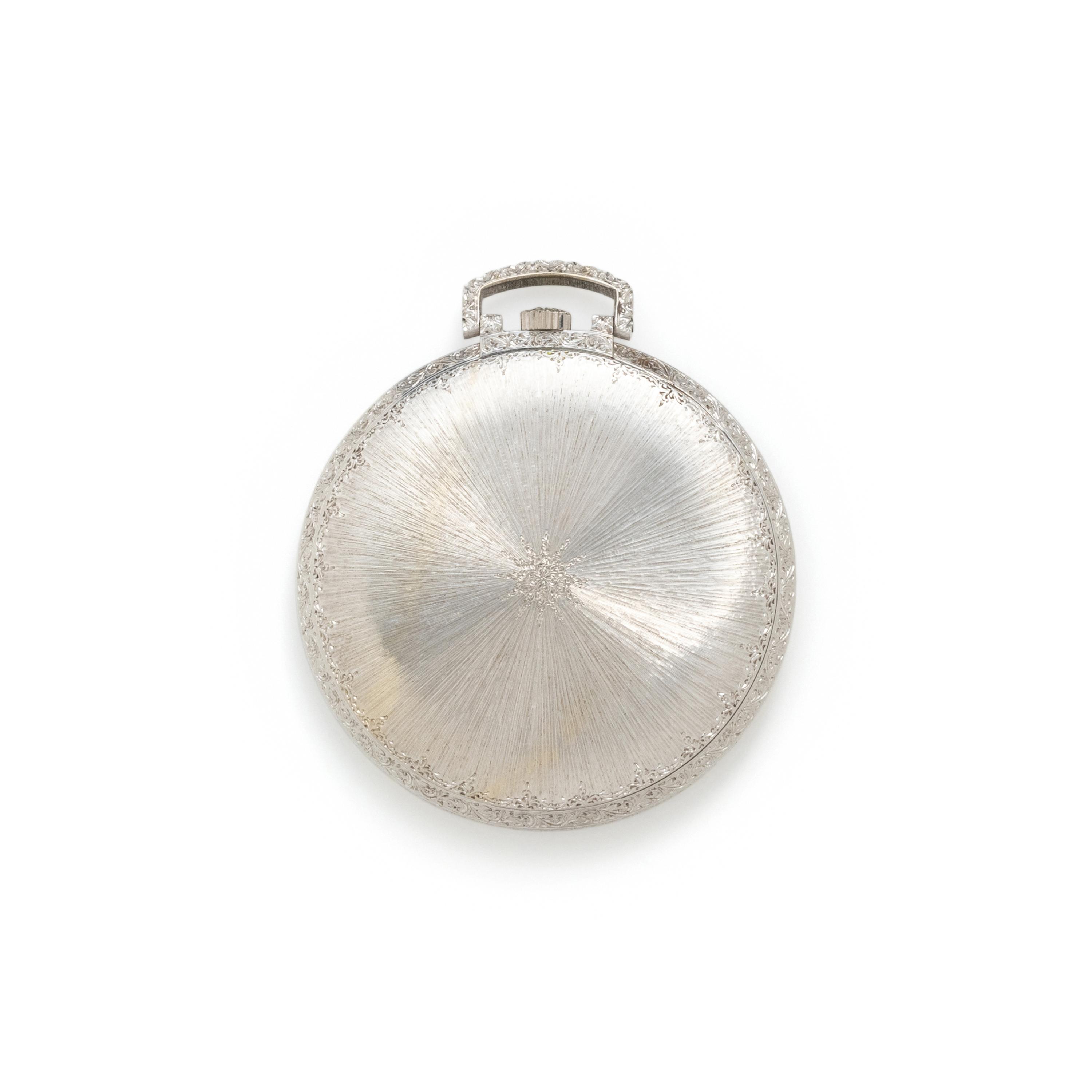 BUCCELLATI, 18K WHITE GOLD OPEN FACE POCKET WATCH AND FOB CHAIN