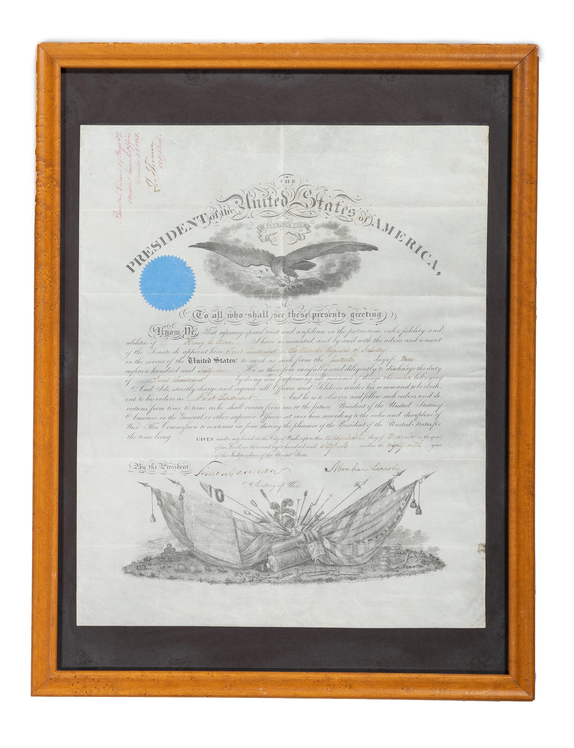 LINCOLN, Abraham (1809-1865). Partly printed appointment signed ("Abraham Lincoln"), as President of the United States. Washington, D.C., 28 December 1861.