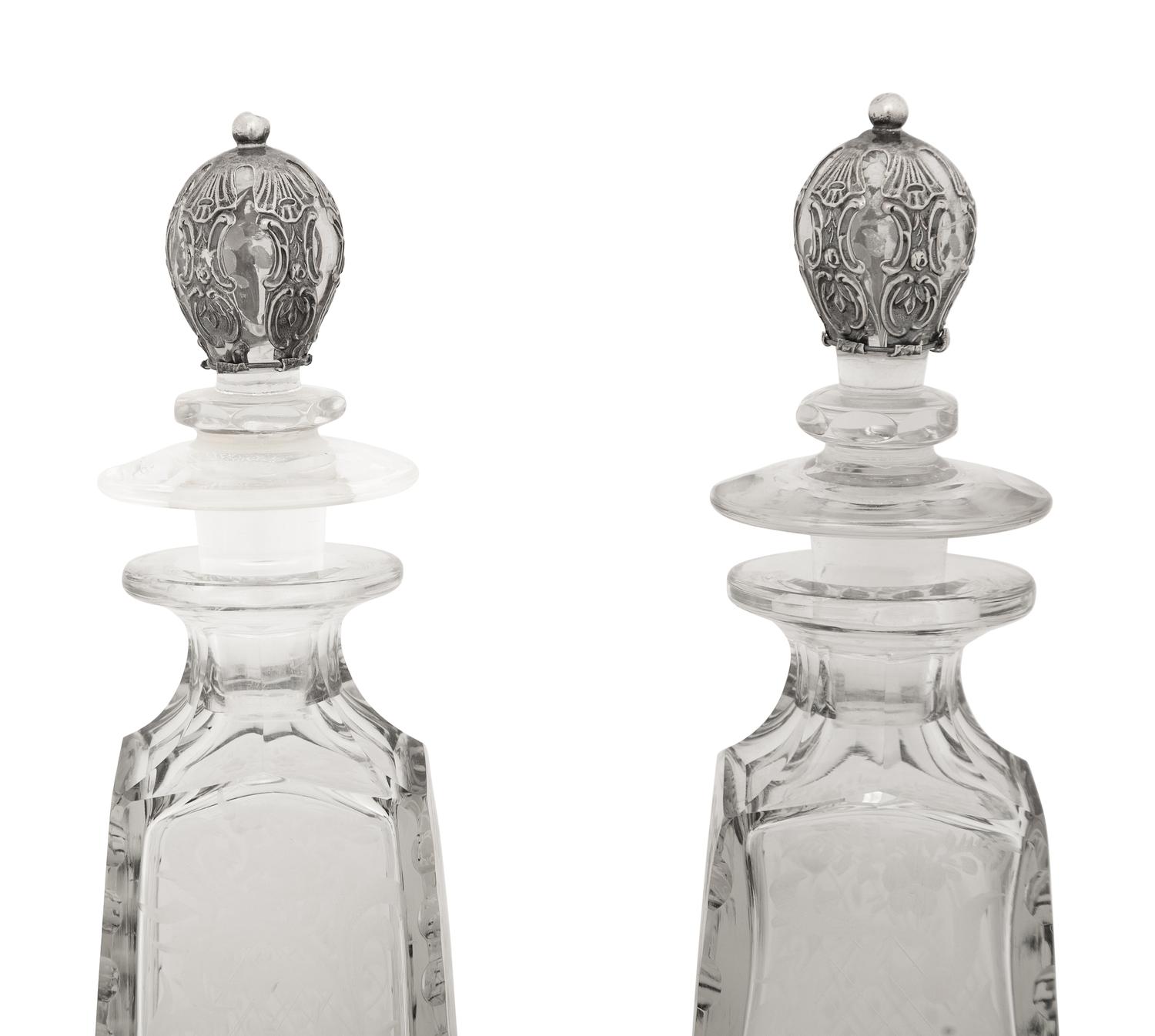 A Pair of American Silver Mounted Etched Glass Decanters