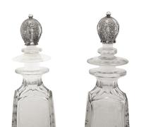 A Pair of American Silver Mounted Etched Glass Decanters