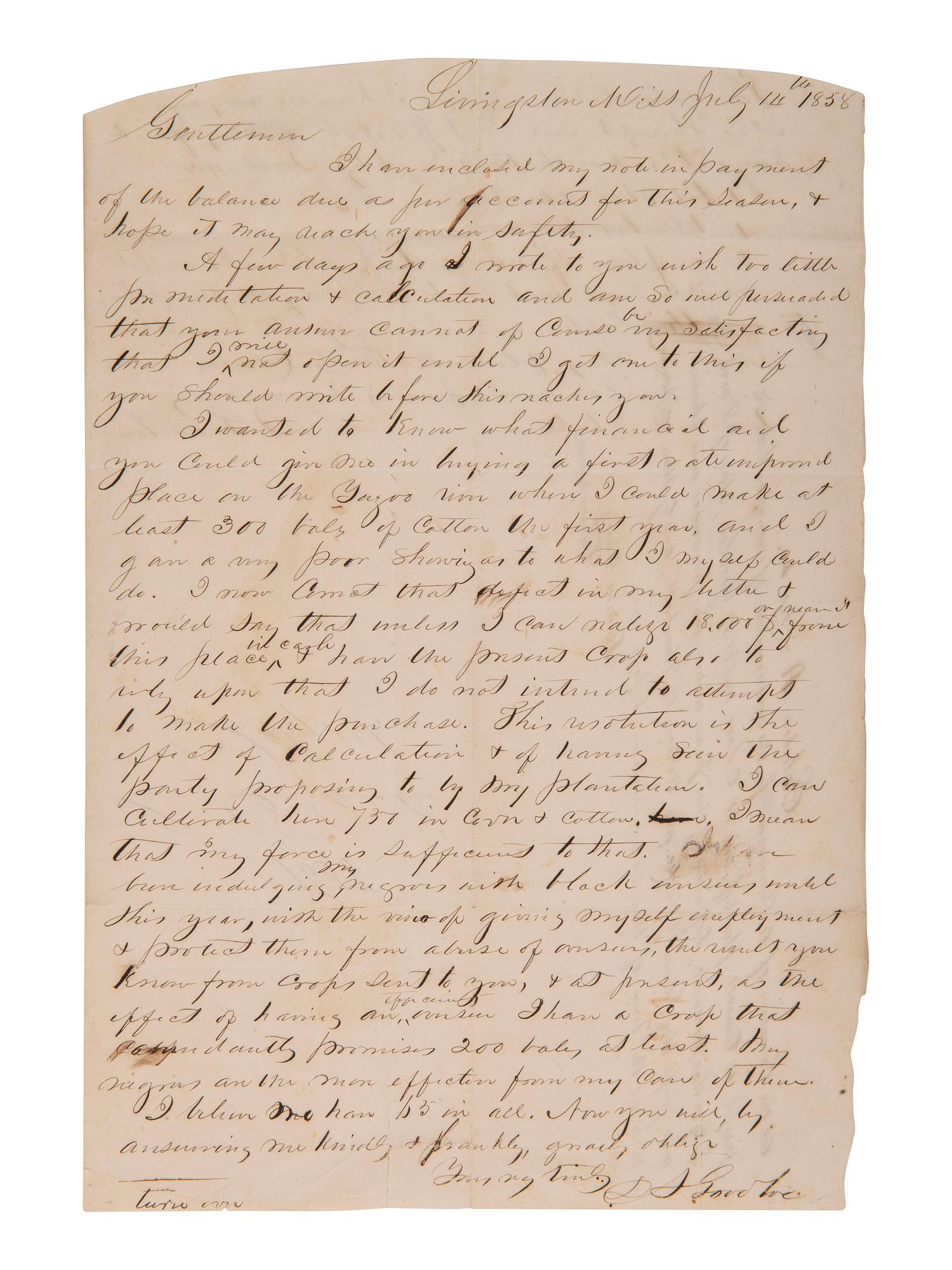 [ENSLAVEMENT] Protection of the enslaved from overseers' abuse detailed by MS plantation owner, 1858