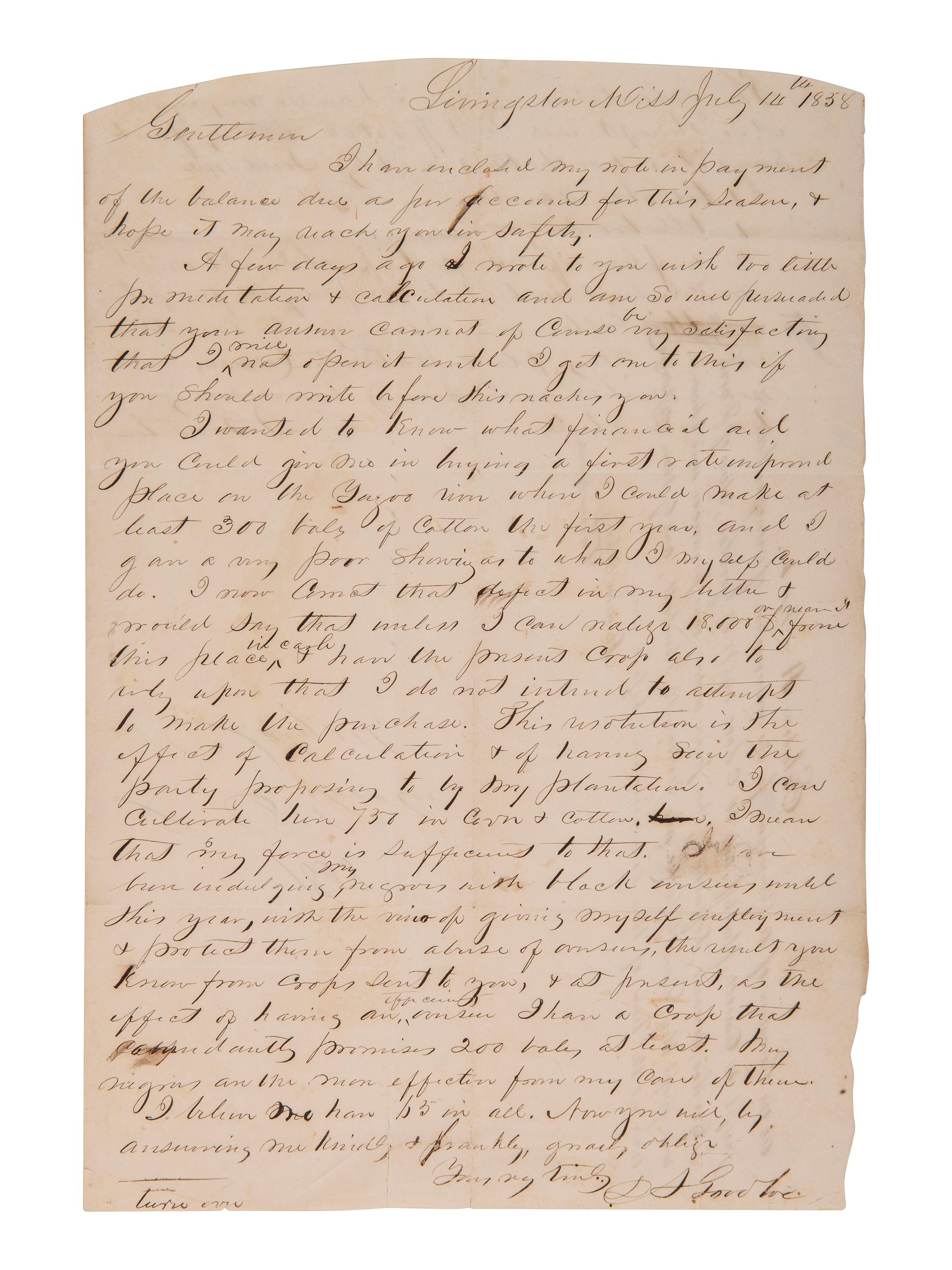 [ENSLAVEMENT] Protection of the enslaved from overseers' abuse detailed by MS plantation owner, 1858