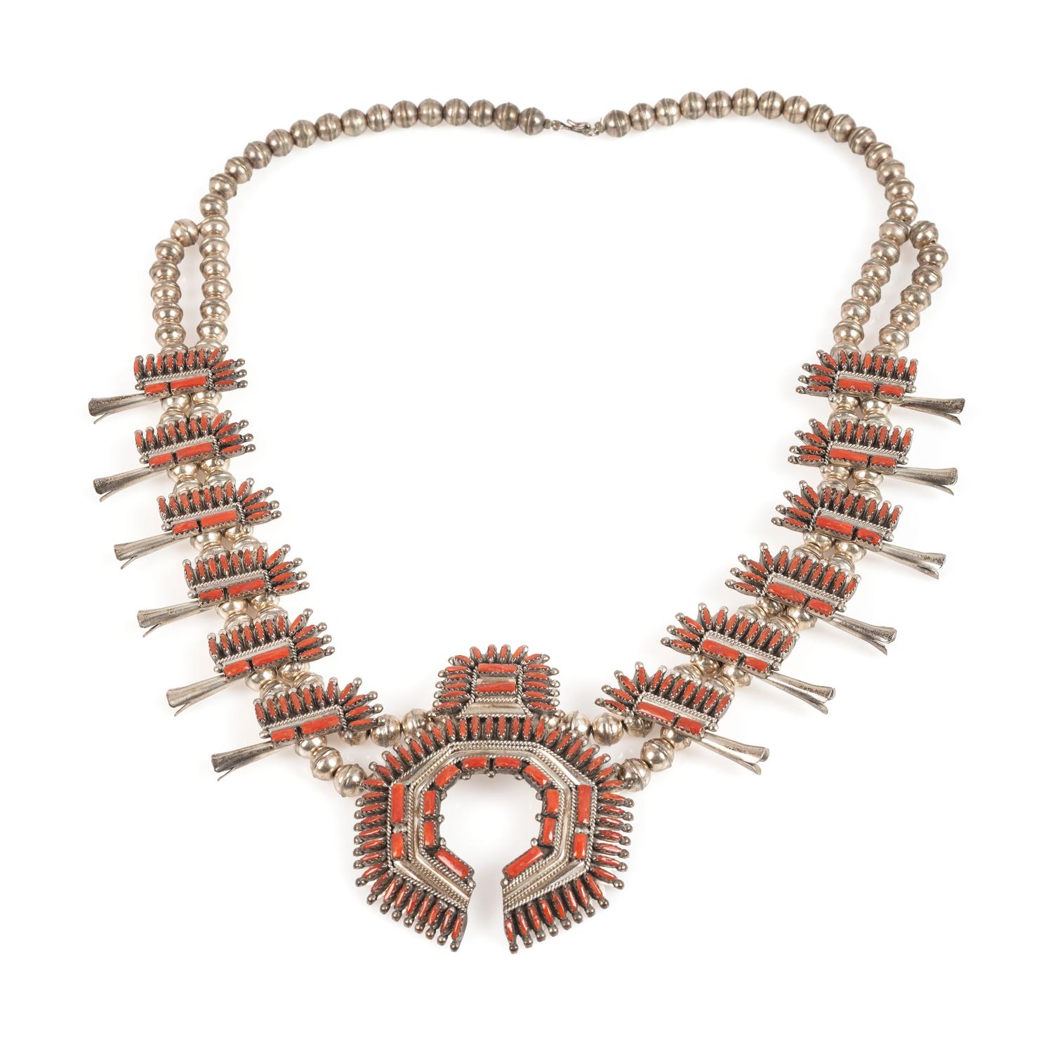 Zuni Sterling Silver and Coral Squash Blossom Necklace