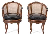 A Pair of Louis XV Style Mahogany Barrel Back Bergeres Height 33 x diameter 21 inches. — 20TH CENTURY
