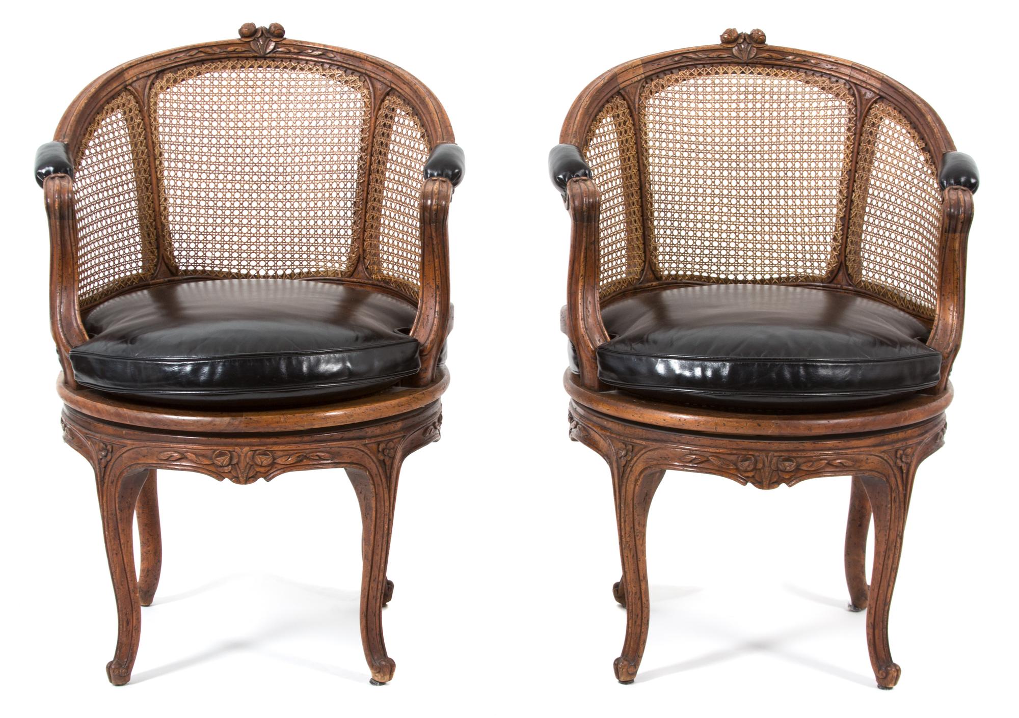 A Pair of Louis XV Style Mahogany Barrel Back Bergeres Height 33 x diameter 21 inches. — 20TH CENTURY