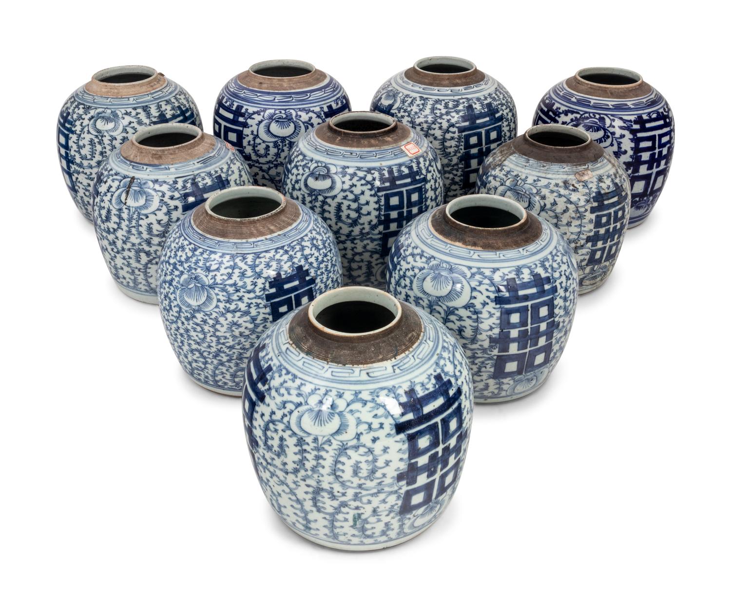 10 Chinese Blue and White Porcelian 'Double Happiness' Jars