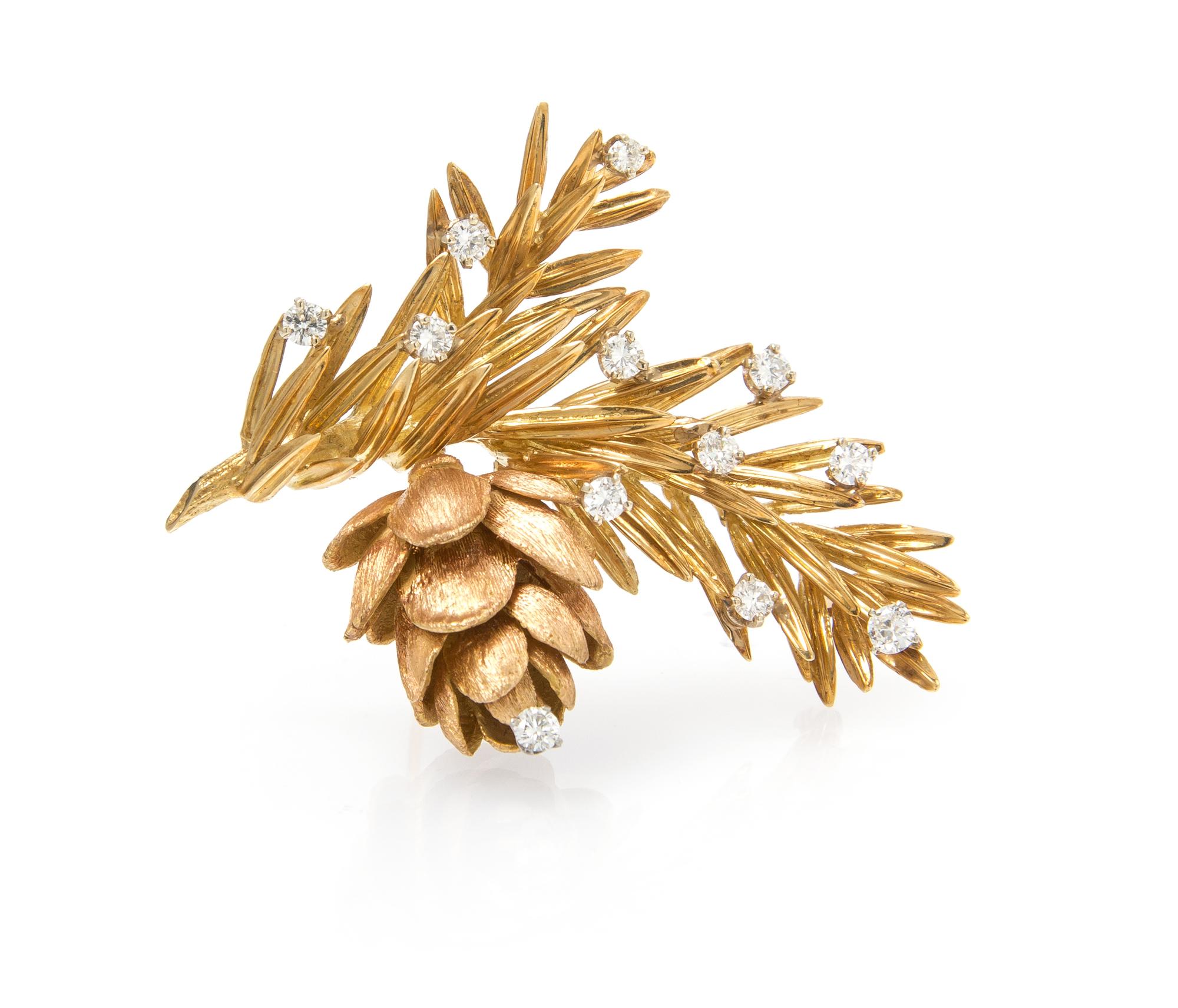An 18 Karat Gold and Diamond Pine Branch and Cone Brooch, 18.30 dwts.
