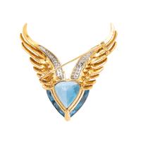 BLUE TOPAZ, DIAMOND, AND YELLOW GOLD WINGED HEART BROOCH