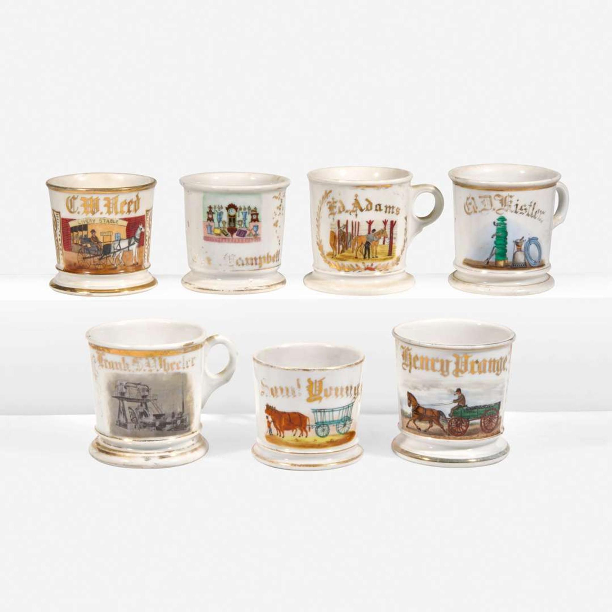 A group of seven occupational porcelain shaving mugs Various Makers, late 19th/early 20th century