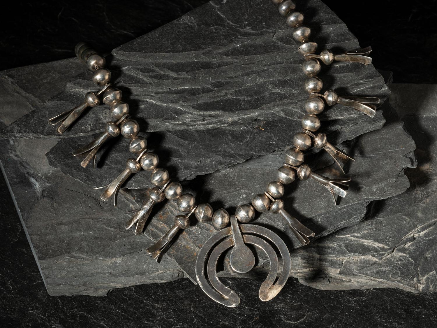 Navajo Silver and Turquoise Squash Blossom Necklace