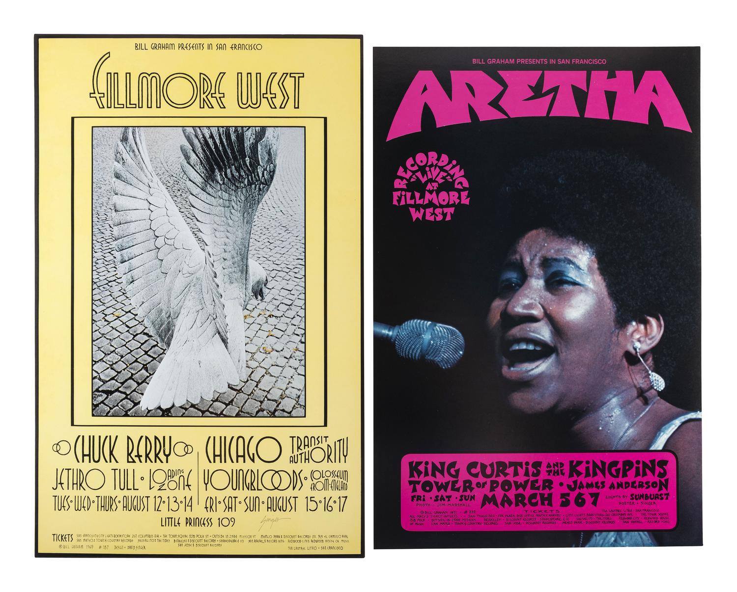 [MUSIC - POSTERS]. SINGER, David, artist. Complete set of 66 SIGNED posters designed for the Fillmore West Ballroom, San Francisco, California. 1969-1971.