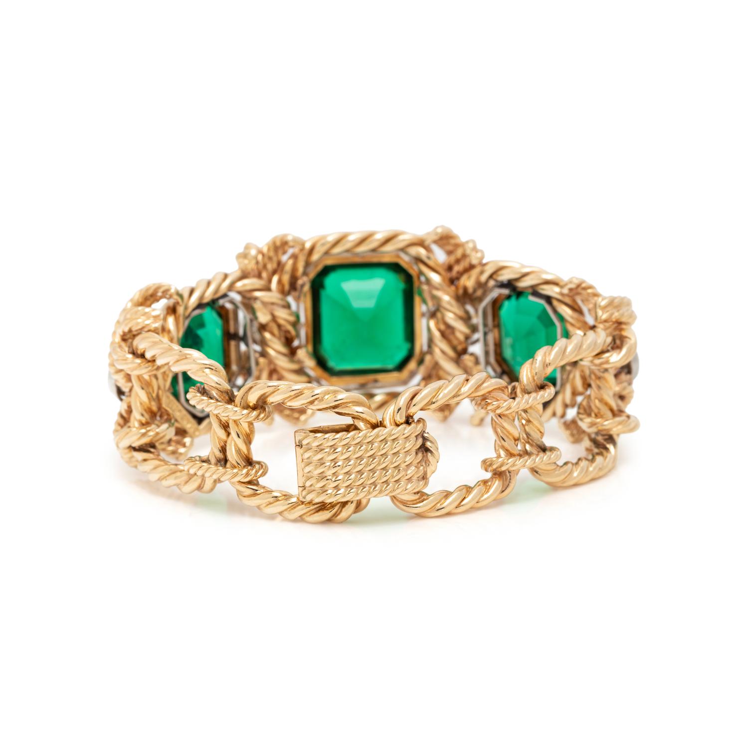 DAVID WEBB, YELLOW GOLD, DIAMOND AND GREEN GLASS BRACELET