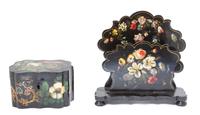 Two Victorian Polychromed and Ebonized Papier Mache Desk Articles Height of largest 8 1/2 x width 8 1/2 x depth 3 inches. — 19TH CENTURY