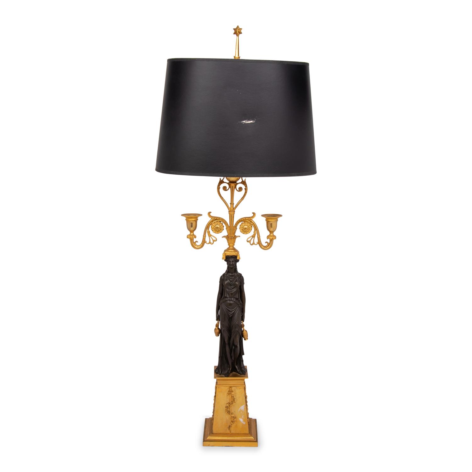 An Empire Ormolu and Patinated Bronze Figural Two-Light Candelabrum Mounted as a Lamp