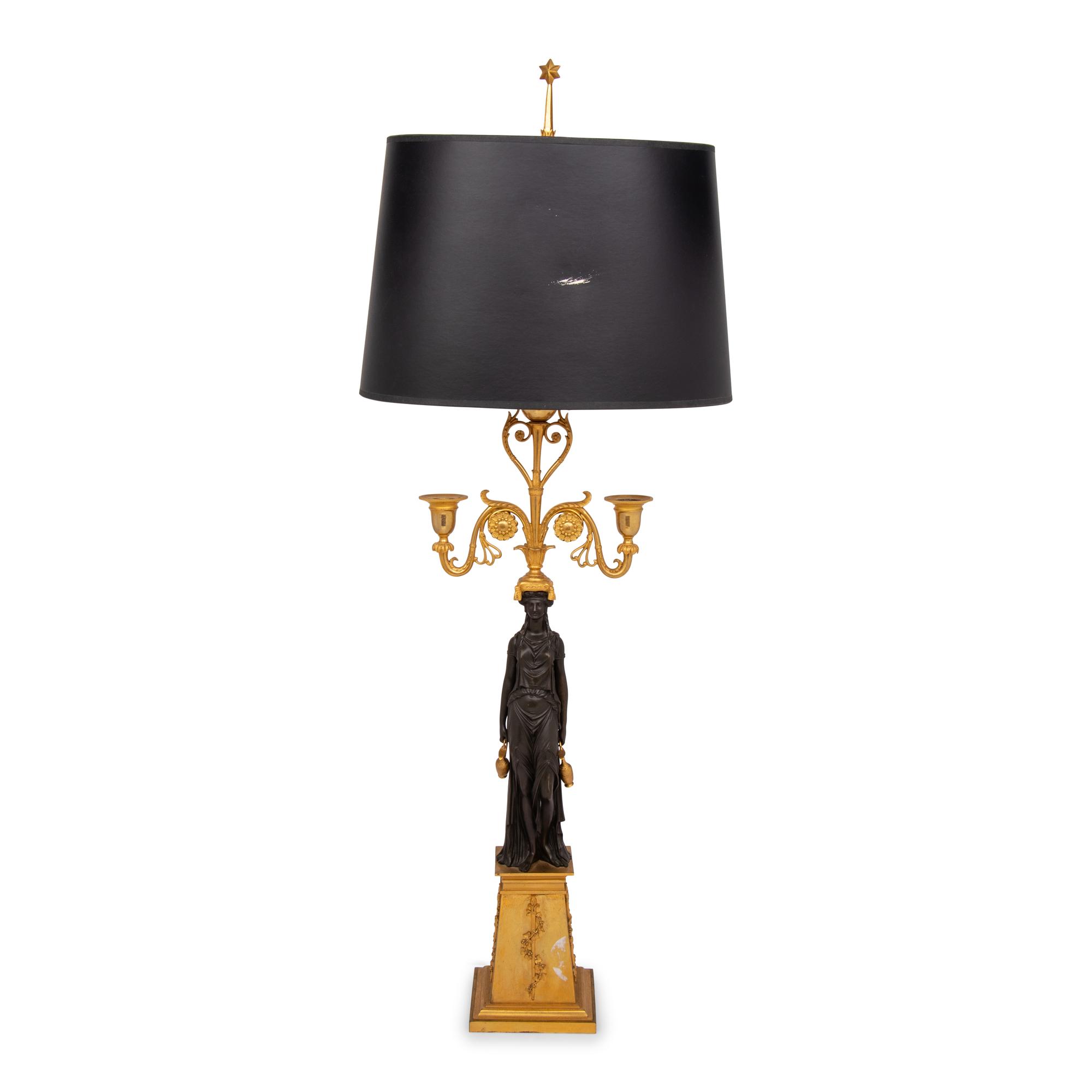An Empire Ormolu and Patinated Bronze Figural Two-Light Candelabrum Mounted as a Lamp
