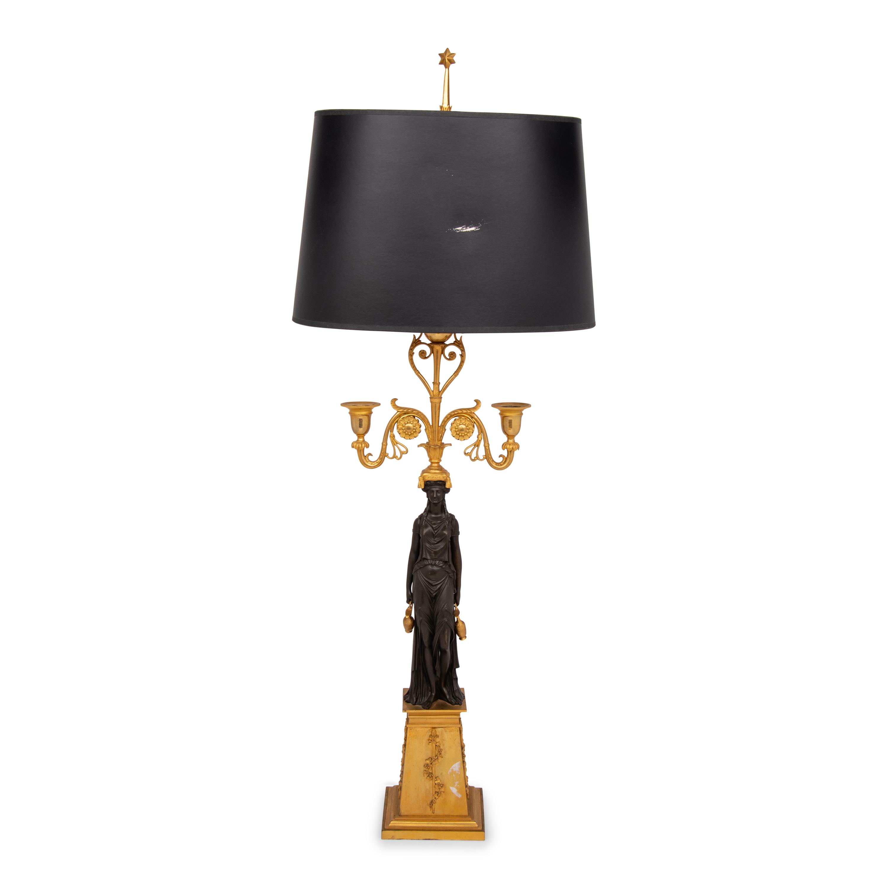 An Empire Ormolu and Patinated Bronze Figural Two-Light Candelabrum Mounted as a Lamp