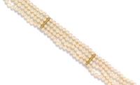An 18 Karat Yellow Gold, Cultured Pearl and Diamond Choker Necklace,