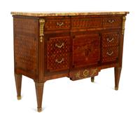 A Louis XVI Style Gilt Bronze Mounted Marquetry Marble-Top Commode — CIRCA 1900