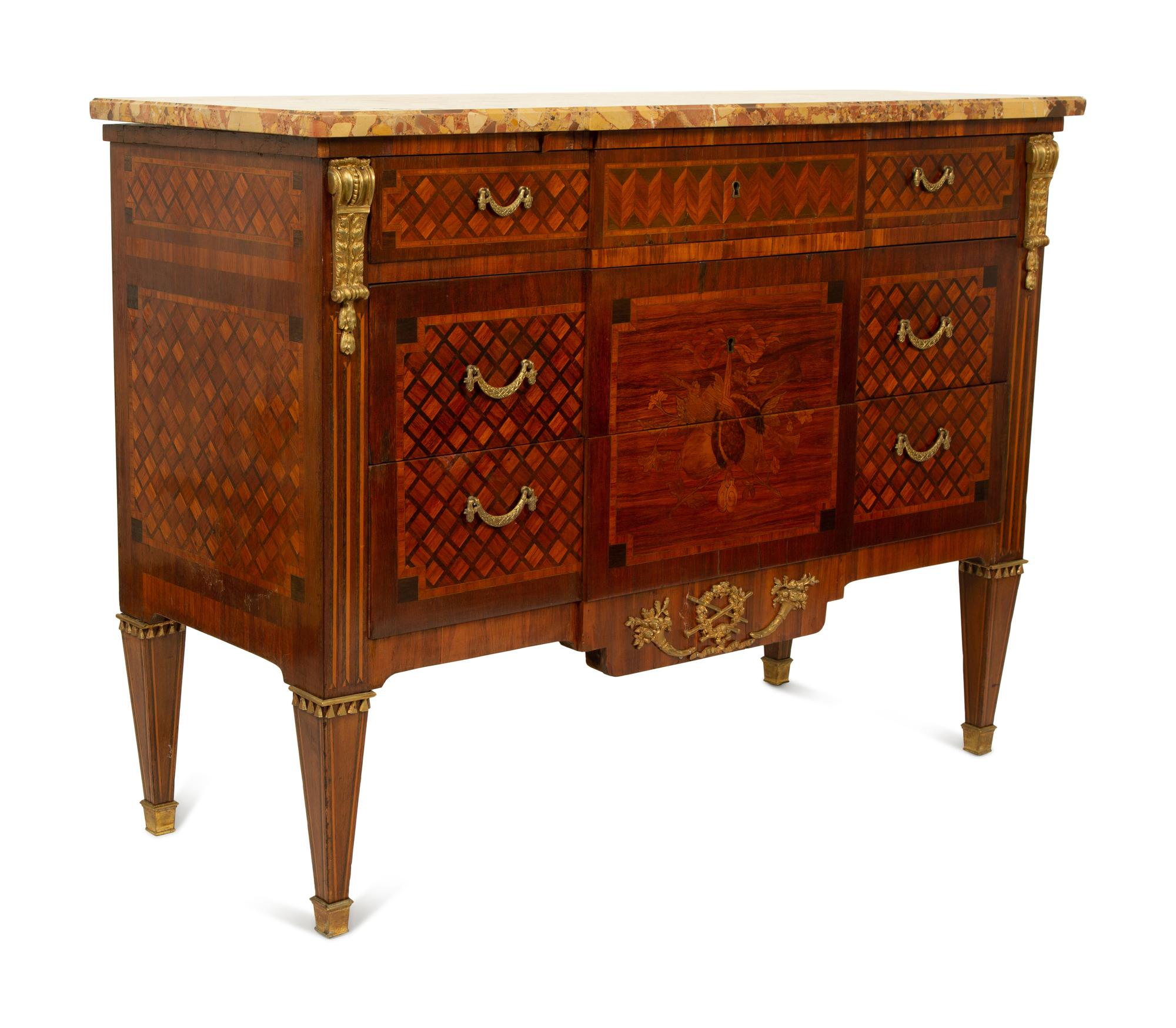A Louis XVI Style Gilt Bronze Mounted Marquetry Marble-Top Commode — CIRCA 1900