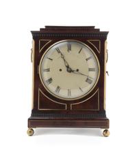 A Regency Brass Mounted Mahogany Bracket Clock, GRANT, LONDON, CIRCA 1910-1915, Height 16 x width 11 1/4 x depth 6 1/2 inches. — GRANT, LONDON, CIRCA 1910-1915,