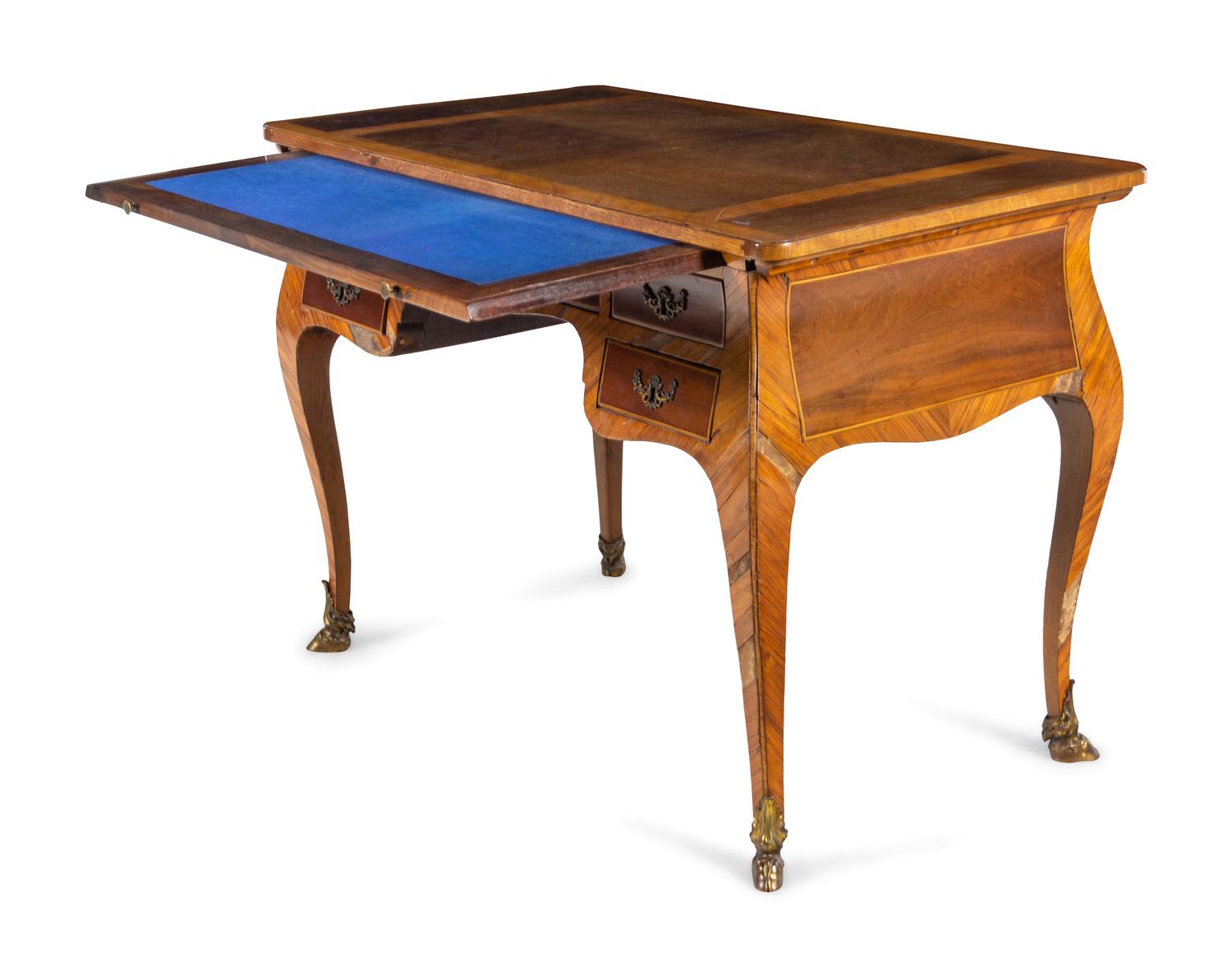 An Italian Rococo Style Gilt Metal Mounted Olivewood Desk and an Associated Chair