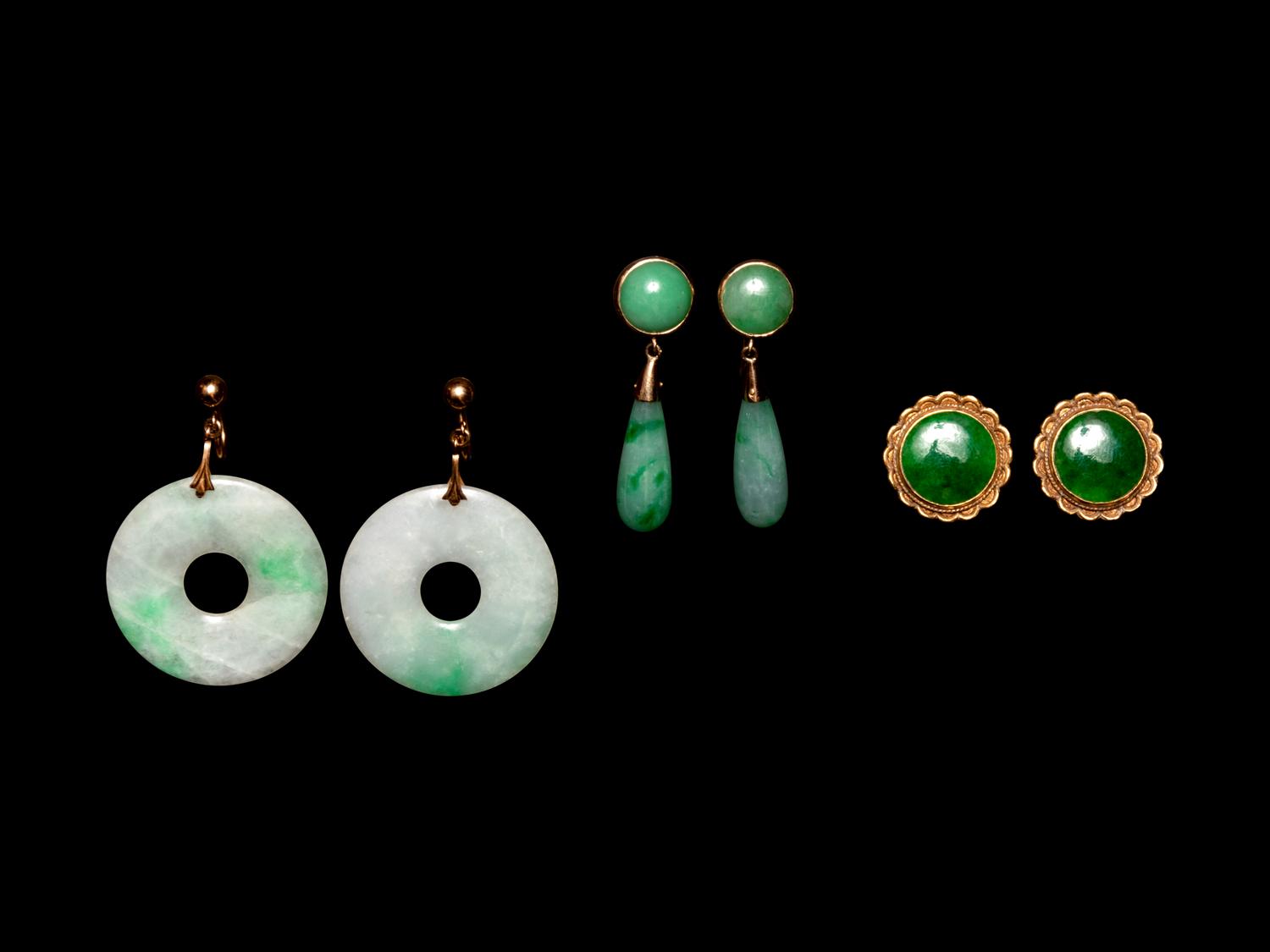 Three Pairs of Chinese Yellow Gold and Jadeite Earrings