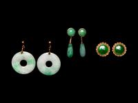 Three Pairs of Chinese Yellow Gold and Jadeite Earrings